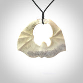 Hand carved bat Pendant. Made from Deer antler in New Zealand. Unique bat necklace hand made from deer antler by master bone carver Fumio Noguchi. Spectacular collectable work of art, made to wear. One only pendant, delivered to you with express courier.